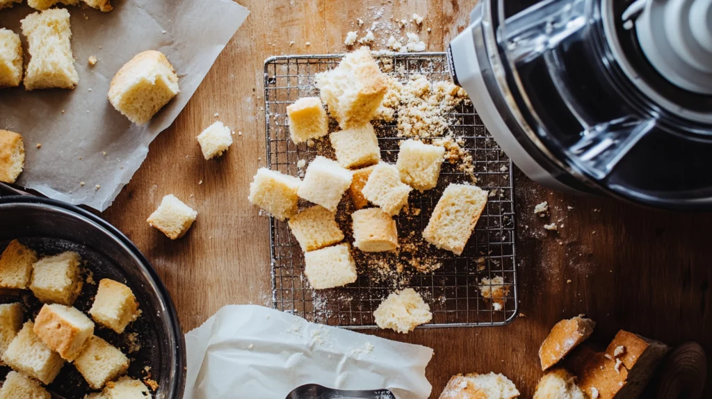  Bread chunks being processed into crumbs in a food processor, with golden crumbs on a baking tray nearby.