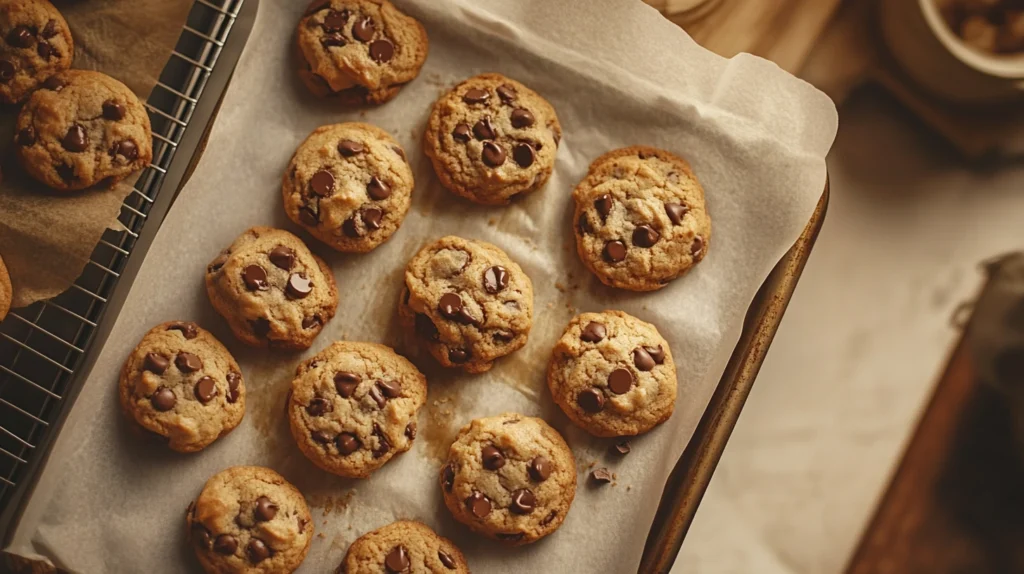 A tray of freshly baked Nestle mini chocolate chip cookies cooling on parchment paper, golden brown with glistening chocolate chips.