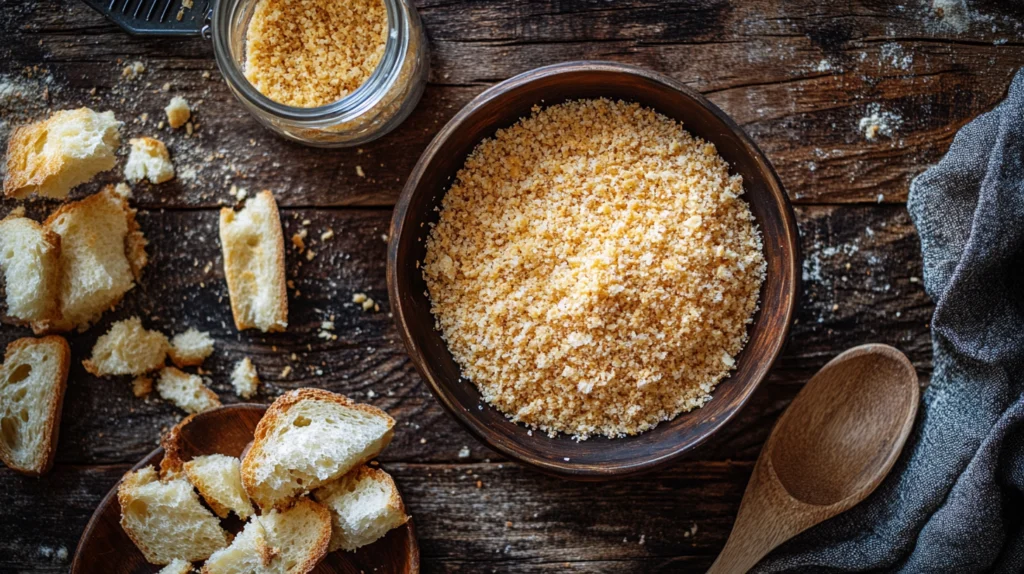 Bowl of homemade golden-brown breadcrumbs with bread chunks and a grater on a rustic surface.
