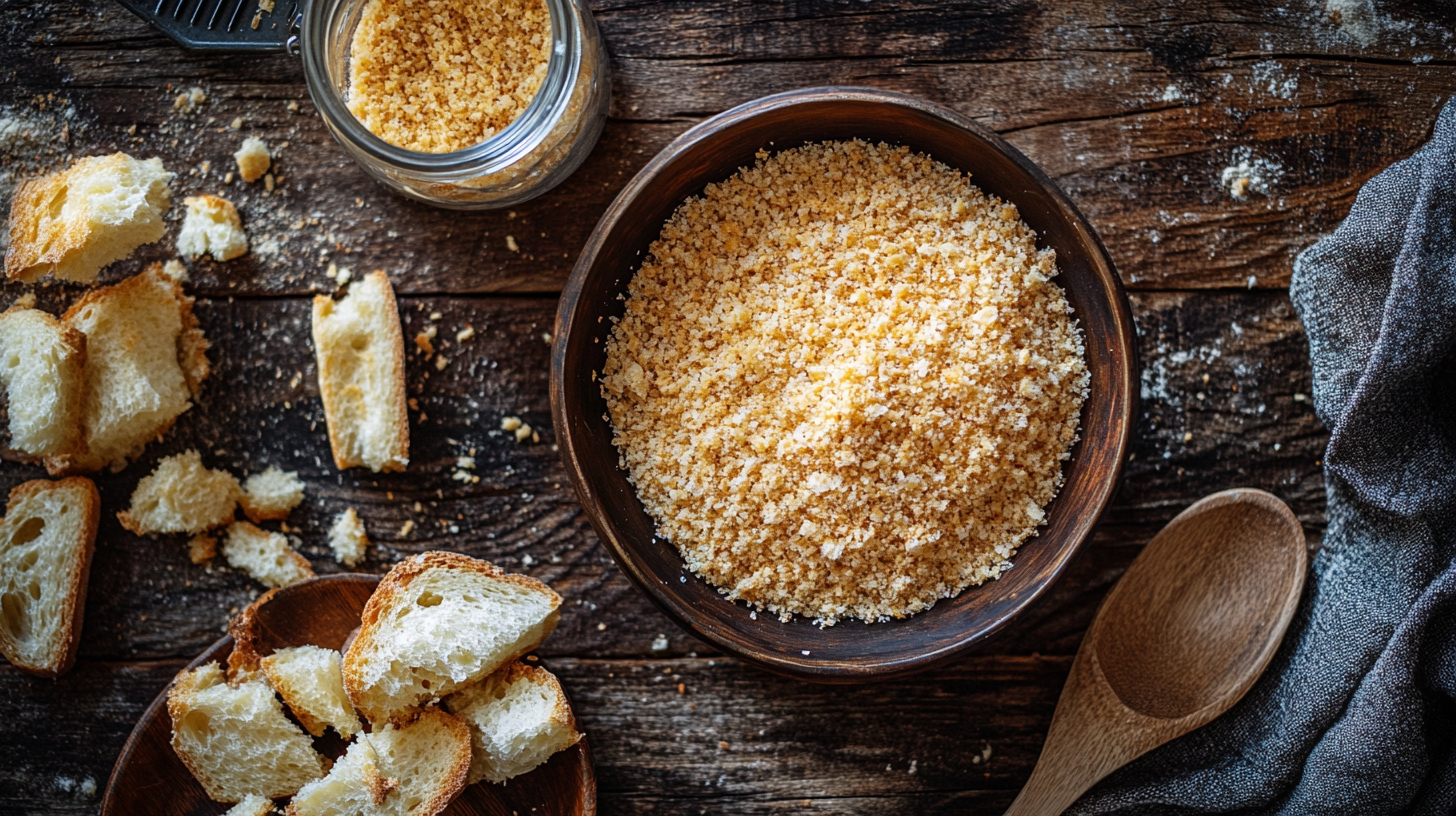 Bowl of homemade golden-brown breadcrumbs with bread chunks and a grater on a rustic surface.