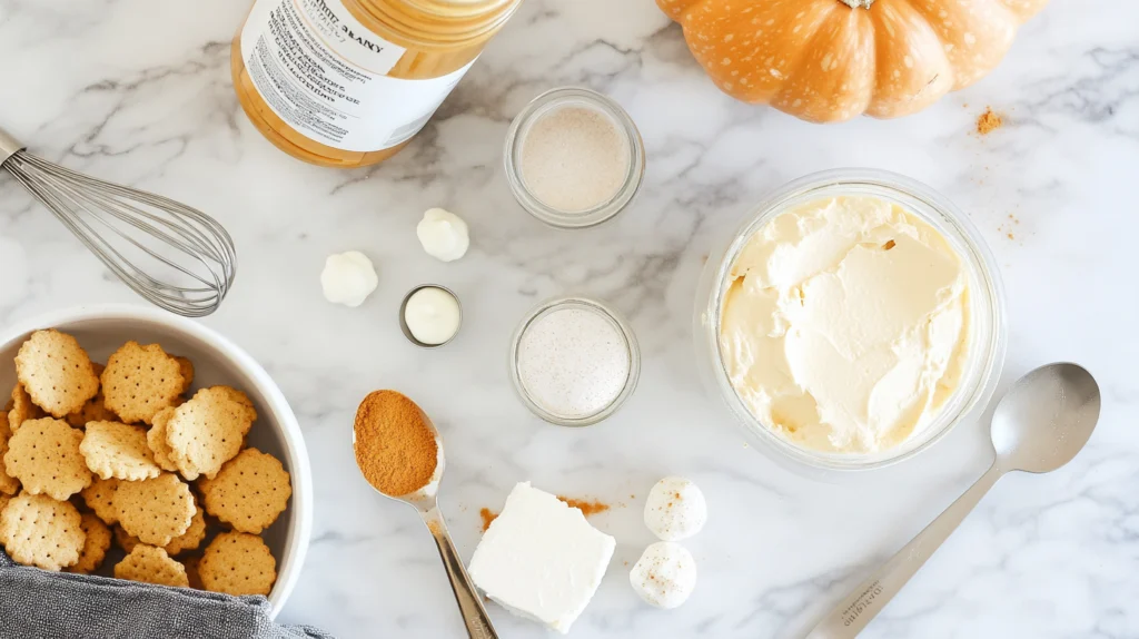 Flat-lay of ingredients for no-bake pumpkin cheesecake balls, featuring cream cheese, pumpkin puree, and spices on a marble counter.

