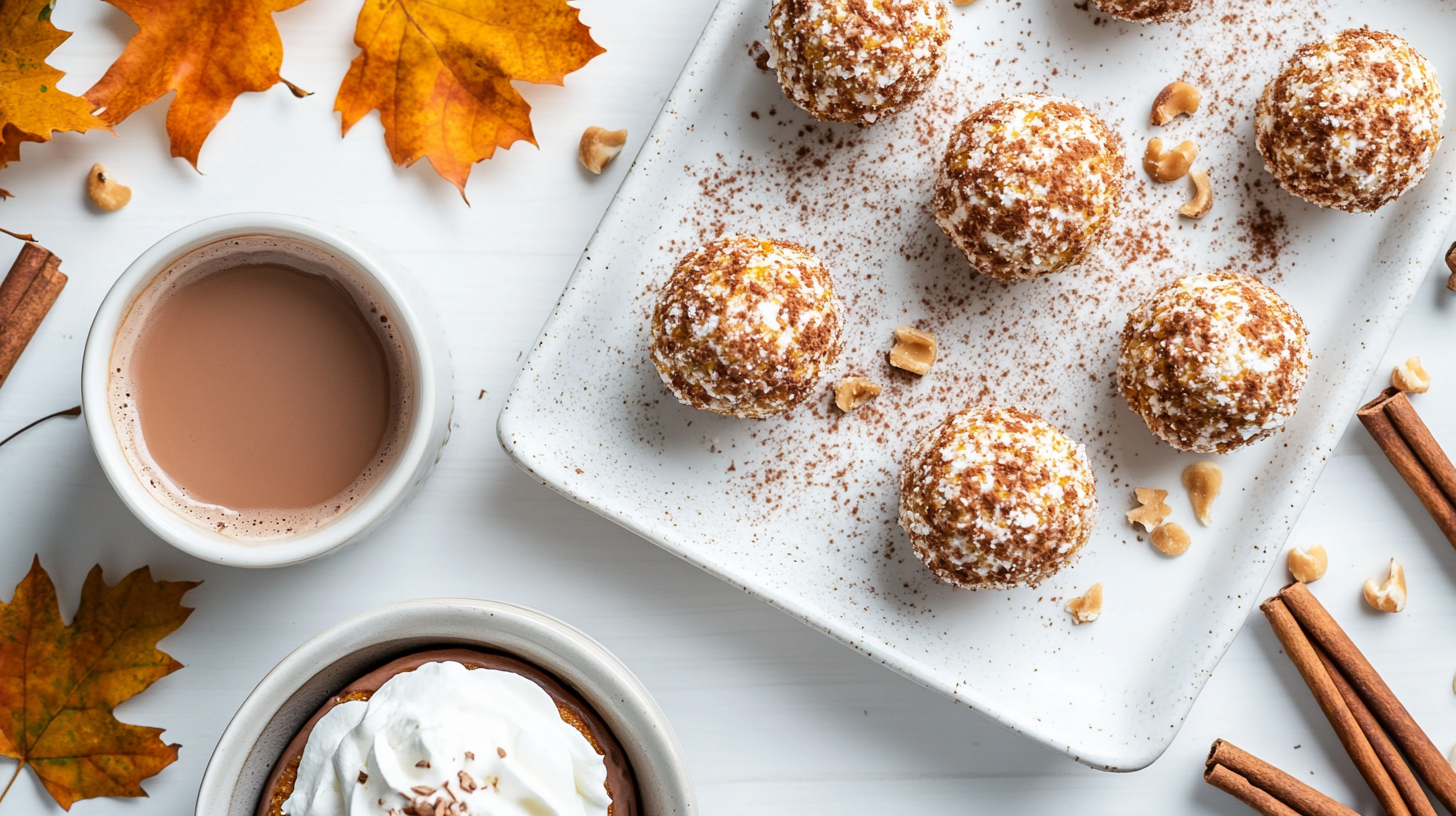 A serving platter of no-bake pumpkin cheesecake balls garnished with fall leaves and cinnamon sticks, paired with hot chocolate. Title: