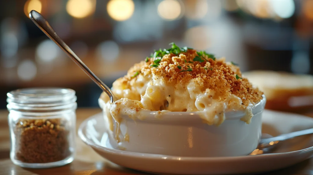 Creamy baked mac and cheese topped with golden breadcrumbs and garnished with parsley.