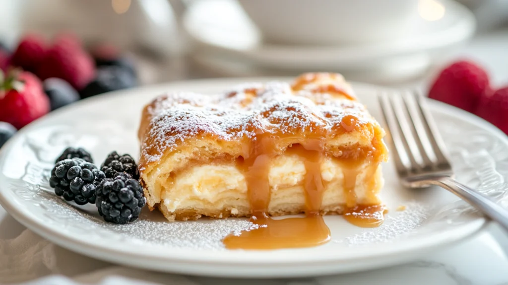 Golden-brown Cheesecake Crescent Rolls Casserole with a flaky crust and creamy cheesecake filling, topped with cinnamon sugar.