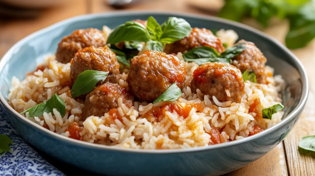 Plated Meatballs and Rice – A beautifully presented plate with meatballs served over rice.