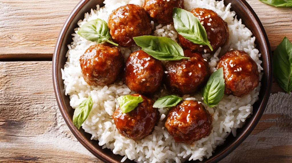 Plated Meatballs and Rice – A beautifully presented plate with meatballs served over rice.