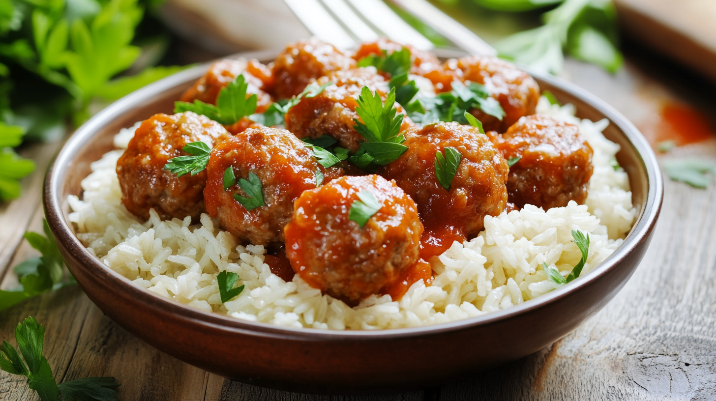 Juicy Homemade Meatballs and rice – A close-up of perfectly cooked, golden-brown meatballs.