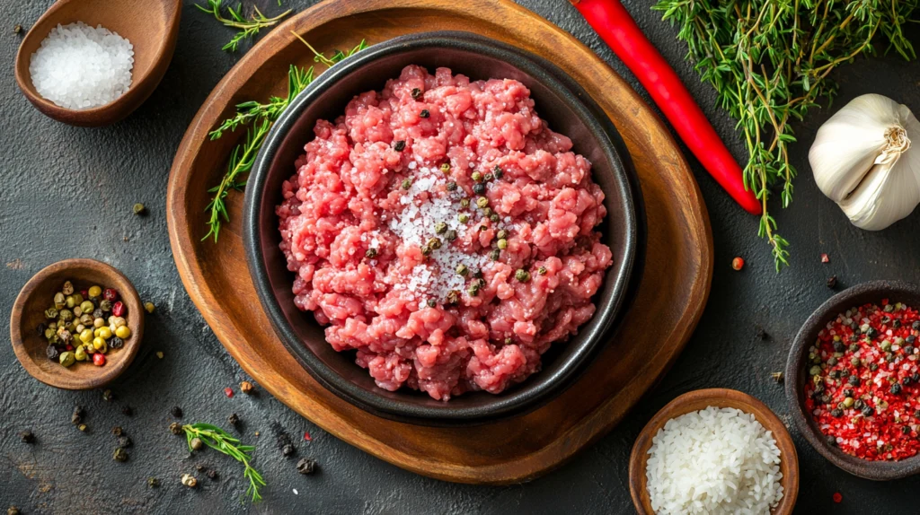 Ingredients for Meatballs and Rice – A flat lay of raw ingredients like ground meat, rice, onions, garlic, and spices.