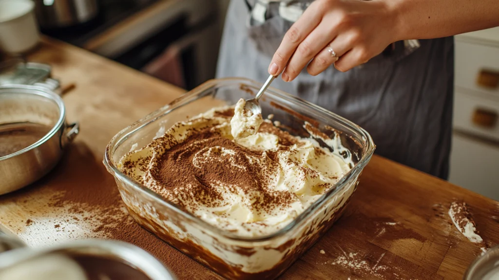 Hands dipping ladyfingers into espresso and layering them in a glass dish for pistachio tiramisu