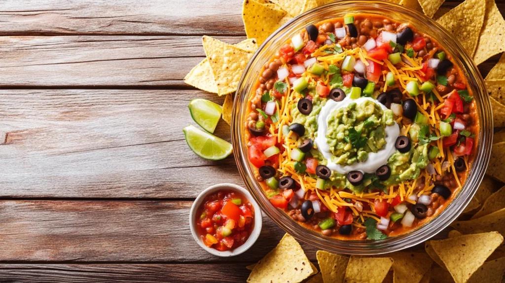 A colorful and creamy 7-layer taco dip served in a clear glass dish, surrounded by tortilla chips on a rustic wooden table.