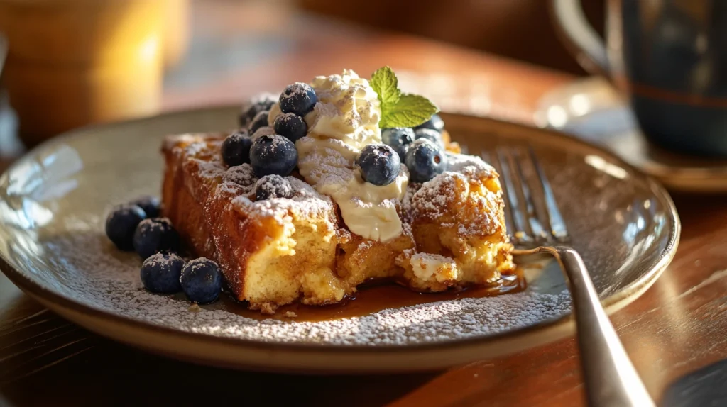  A plated serving of brioche French toast casserole, topped with whipped cream, fresh blueberries, and maple syrup.