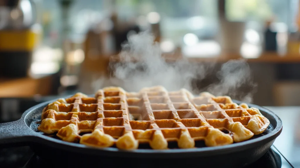 Freshly cooked crispy buckwheat waffles in a waffle iron, with steam rising as they are lifted with tongs for best  Gluten-Free Waffle Recipe with Buckwheat Flour