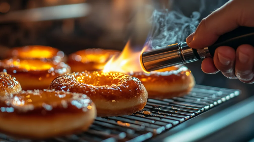 A chef torching the sugar on a creme brulee donut, creating a crisp, golden caramelized topping.