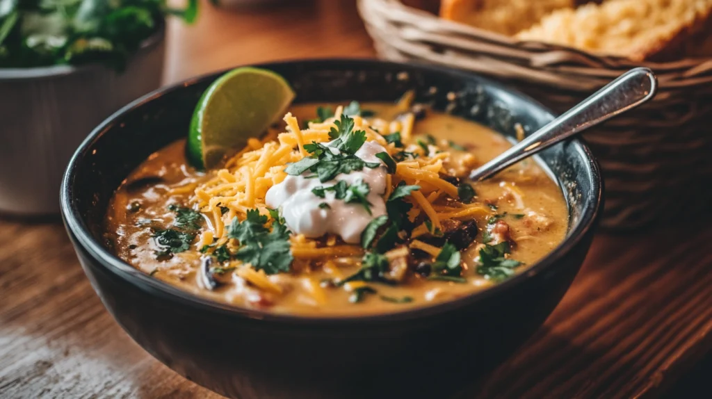 A beautifully served bowl of Chick-fil-A Chicken Tortilla Soup, topped with crispy tortilla strips, cheese, and fresh cilantro.