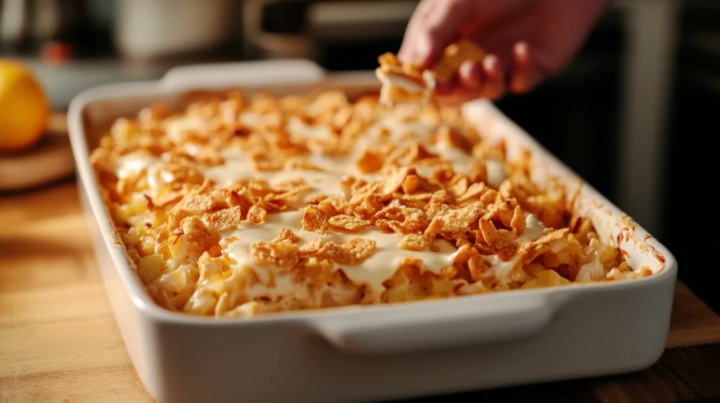 A pre-baked chicken and hash brown casserole topped with crushed Ritz crackers, ready to go into the oven for a golden, crispy finish.