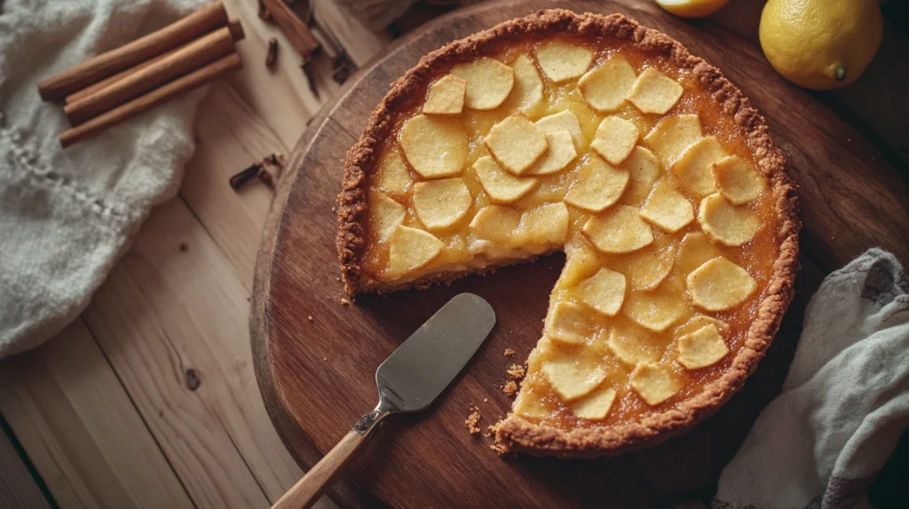 Golden mock apple pie with a flaky crust and apple-like filling, placed on a wooden kitchen counter.