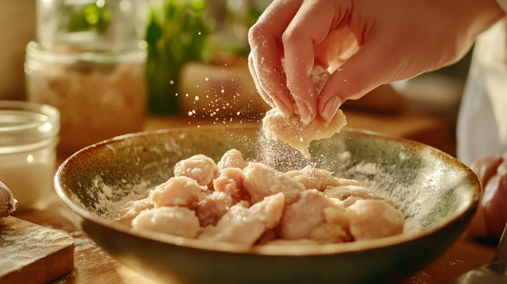 Chicken being coated in seasoned flour for hot honey chicken, with a crispy, textured breading.