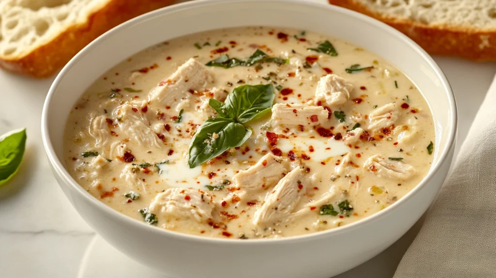 erfectly Plated Creamy Tuscan Chicken Soup with Parmesan & Garlic Bread