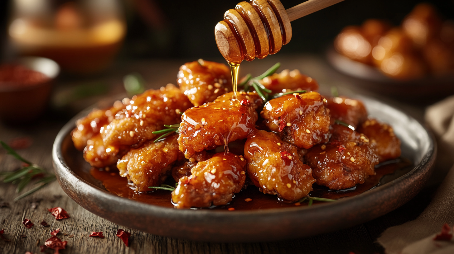 Crispy hot honey chicken drizzled with golden spicy honey, garnished with fresh rosemary and red pepper flakes.