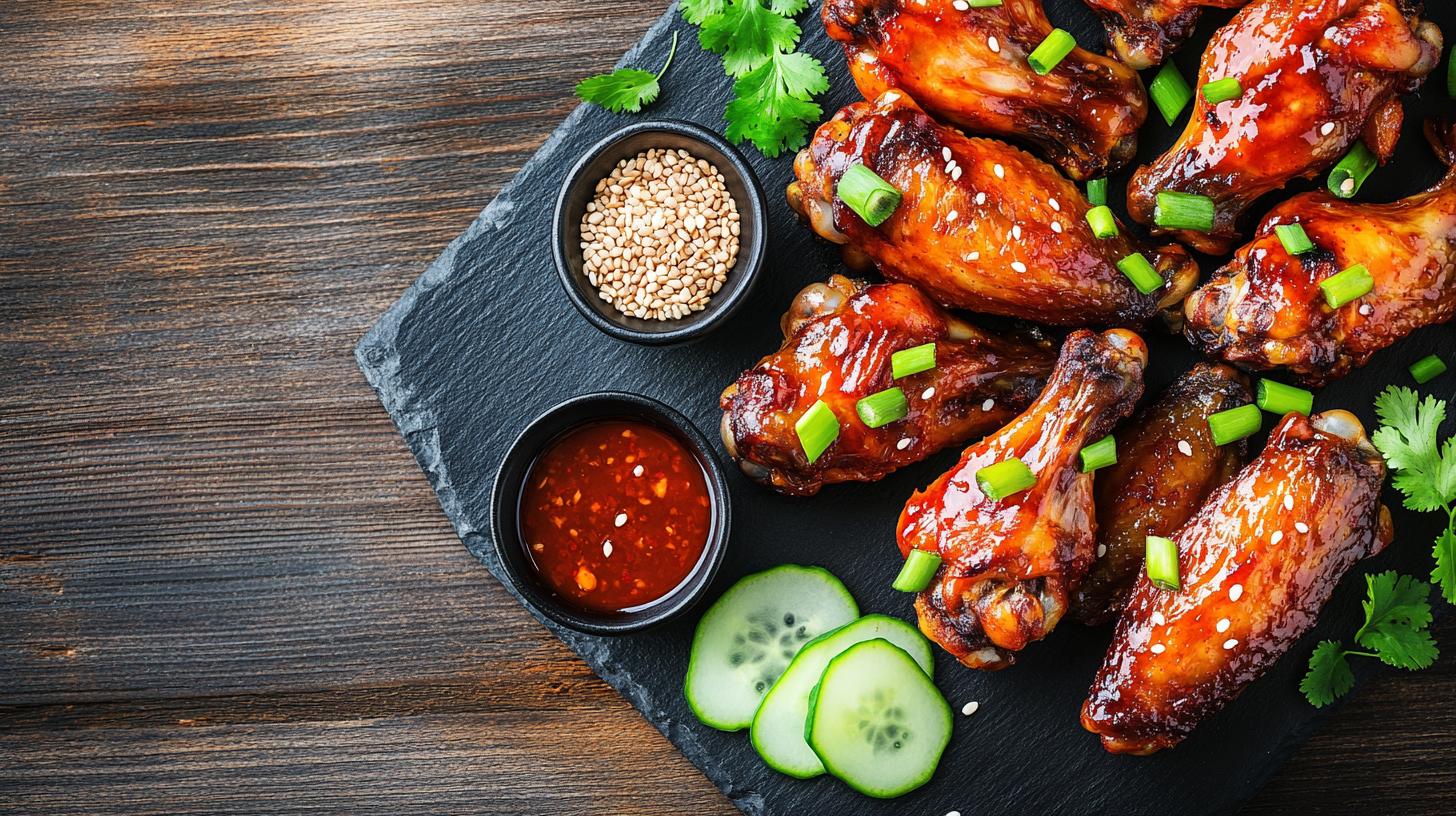 Crispy Korean chicken wings coated in a sticky gochujang glaze, garnished with sesame seeds and green onions on a serving plate.