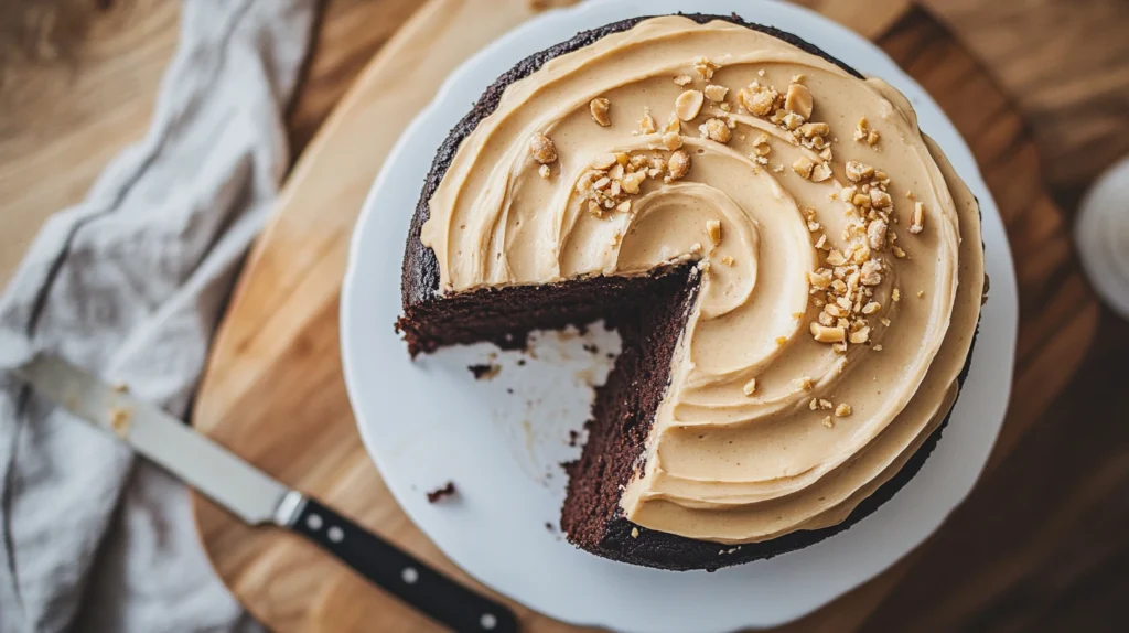 Moist chocolate cake with peanut butter frosting, drizzled with chocolate and topped with crushed peanuts.