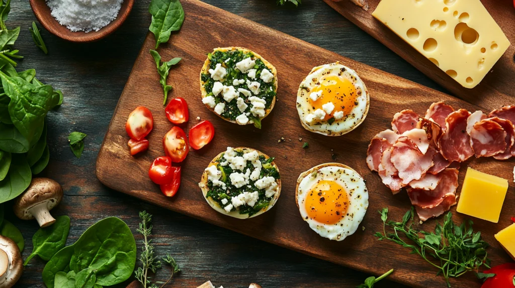 variations of egg white bites with spinach, feta, mushrooms, cheddar, bell peppers, and ham on a wooden cutting board.