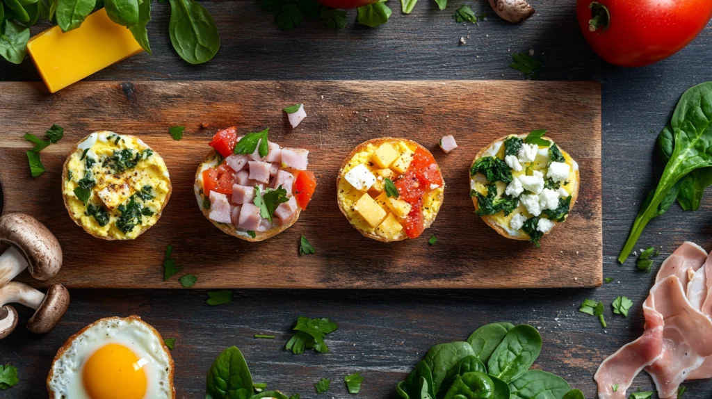 variations of egg white bites with spinach, feta, mushrooms, cheddar, bell peppers, and ham on a wooden cutting board.