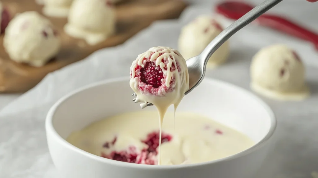 A raspberry cheesecake ball being dipped into smooth, melted white chocolate for a creamy, glossy coating.