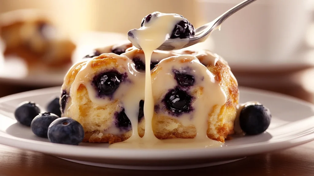 Warm blueberry cinnamon rolls being drizzled with creamy glaze, creating a gooey and irresistible finish.