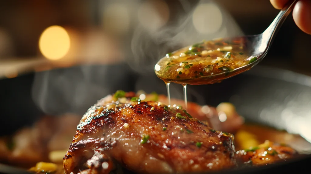 Drizzling Garlic Butter Sauce Over Crispy Chicken Thighs