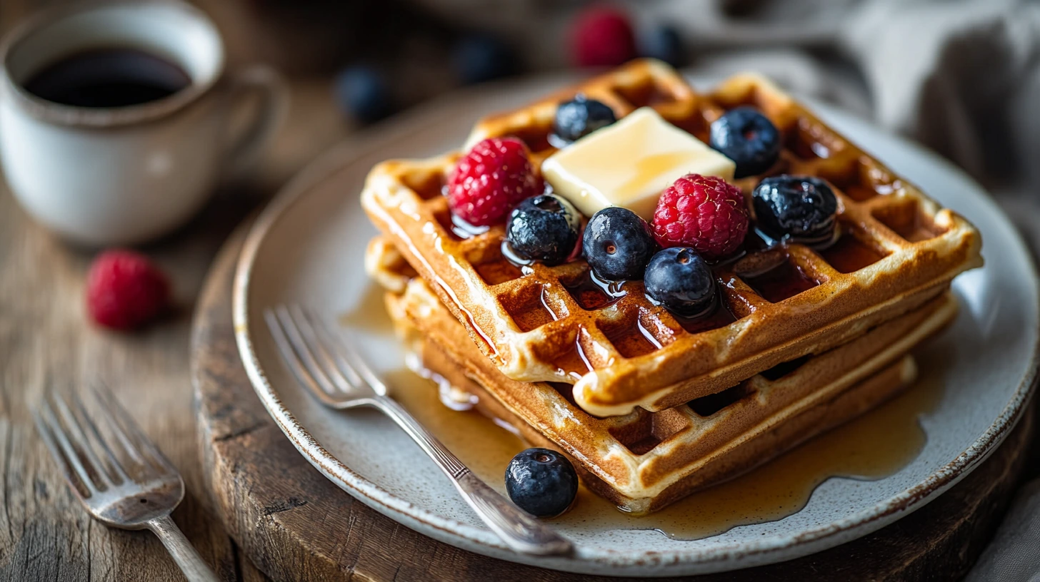 Gluten-Free Waffle Recipe with Buckwheat Flourwith toppings: maple syrup & berries