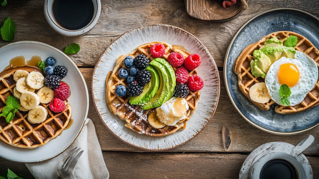 Three variations of Gluten-Free Waffle Recipe with Buckwheat Flours with different toppings: maple syrup & berries, peanut butter & banana, and avocado & poached egg.