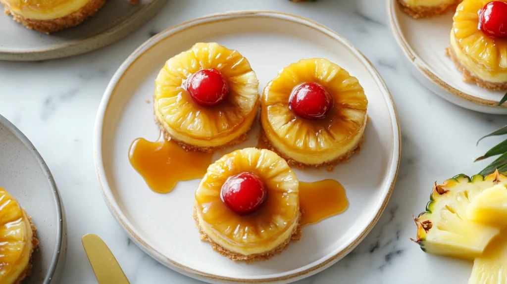 Mini pineapple upside-down cheesecakes flipped onto a plate, showing the caramelized fruit topping and creamy filling.