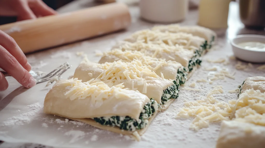 Hands folding and sealing cheese and spinach stuffed pastry on a lightly floured surface.