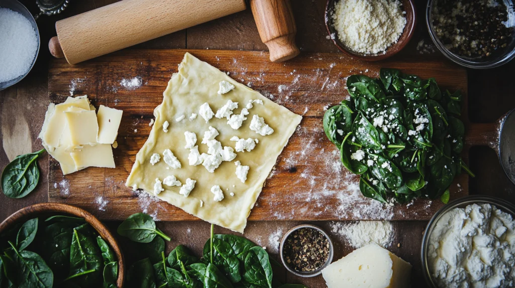  Fresh spinach, feta, ricotta, and puff pastry arranged on a wooden board for cheese and spinach stuffed pastry.