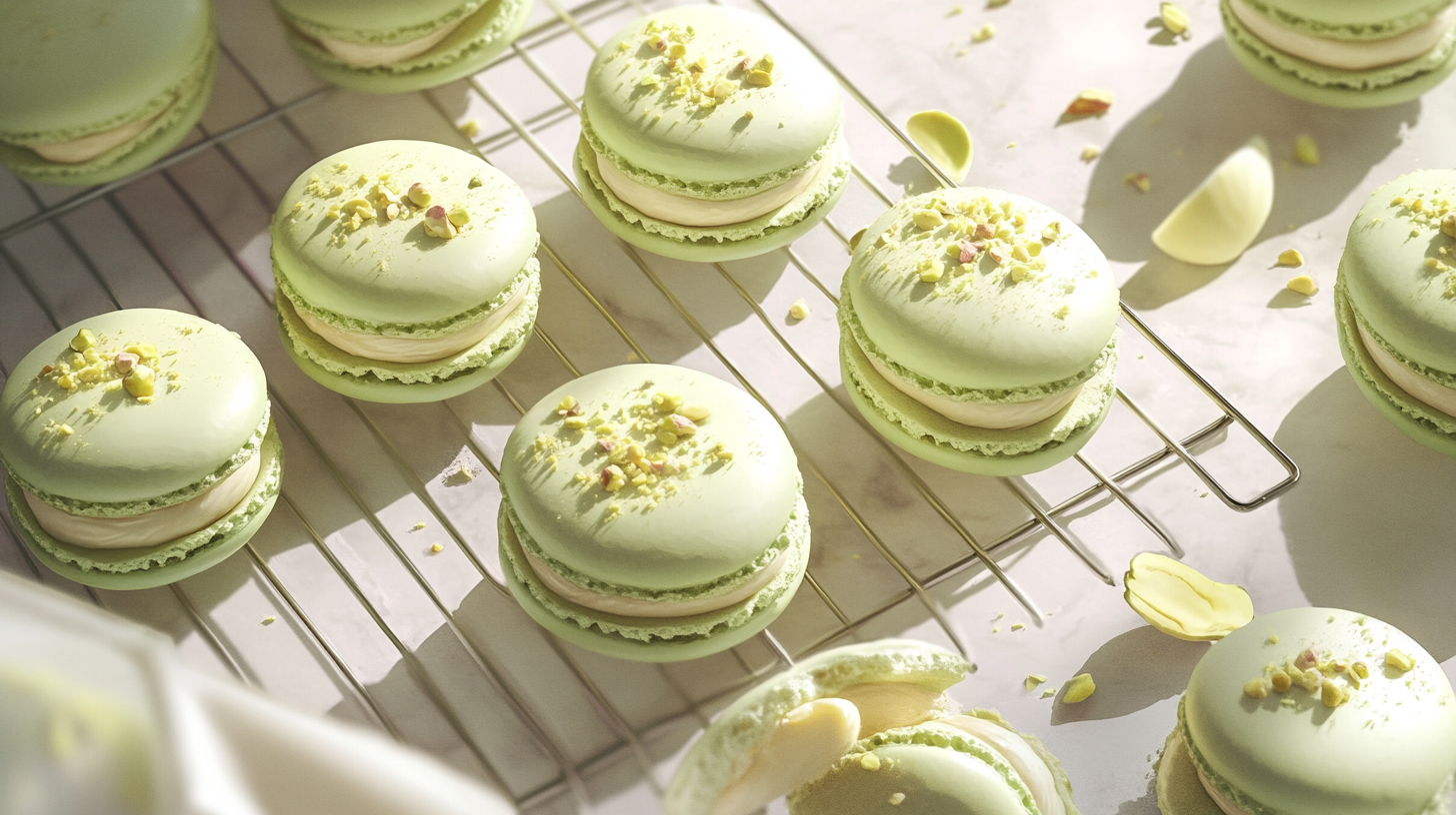 Freshly baked pistachio macarons with creamy white chocolate ganache, neatly arranged on a cooling rack.