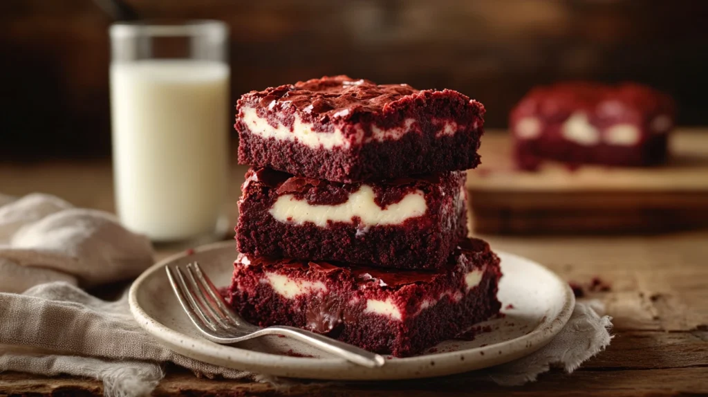 Fudgy Red Velvet Brownies Served with Milk 