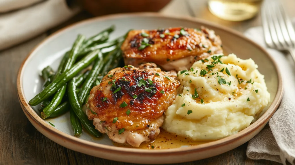  A plate of garlic butter chicken thighs with mashed potatoes and roasted green beans, served with extra garlic butter sauce.