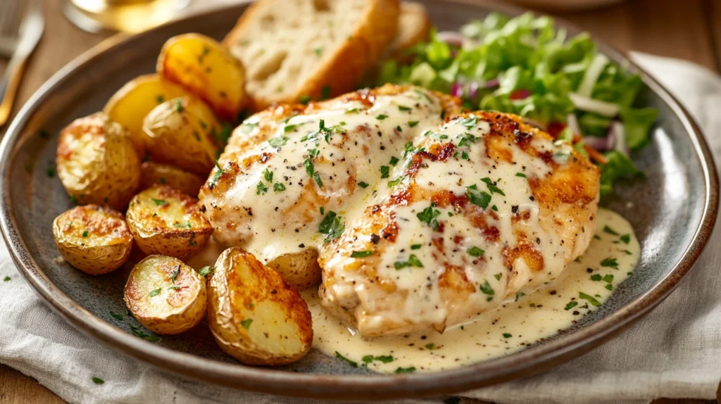 Plated Garlic Parmesan Chicken and Potatoes with creamy sauce, garnished with fresh parsley and parmesan.