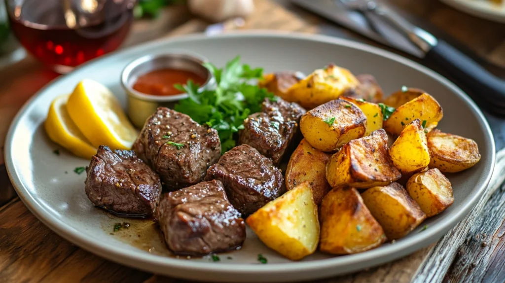 Plated Garlic Steak Bites and Potatoes with Garlic Butter Sauce 