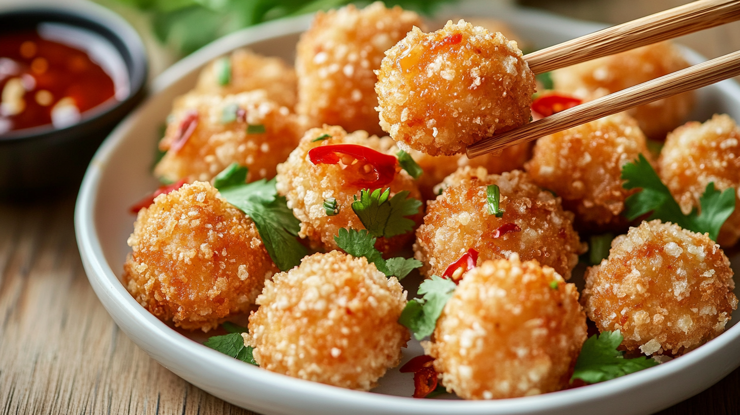 Crispy shrimp balls served with sweet chili sauce and garnished with fresh herbs.