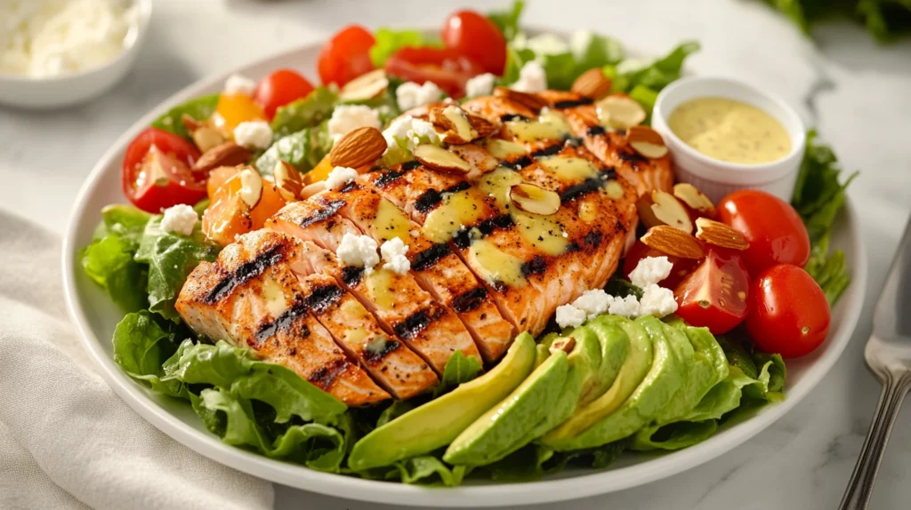 A freshly prepared grilled salmon salad with avocado, cherry tomatoes, feta cheese, and almonds, served on a white plate.