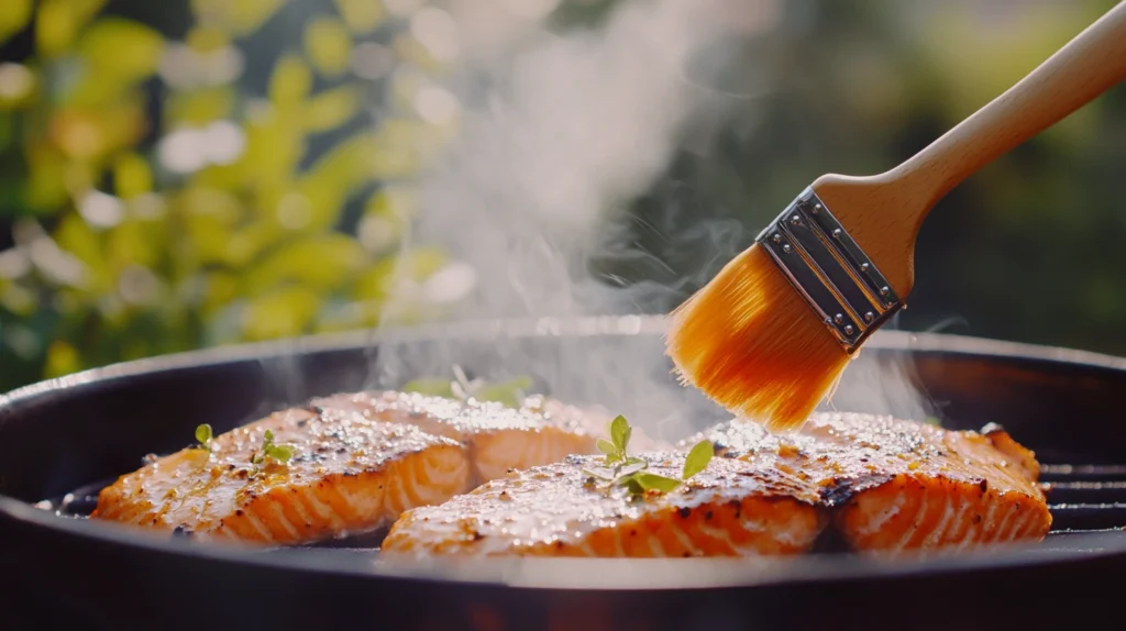  Fresh salmon fillets sizzling on the grill, infused with smoky flavors and ready to be served on a crisp salad.