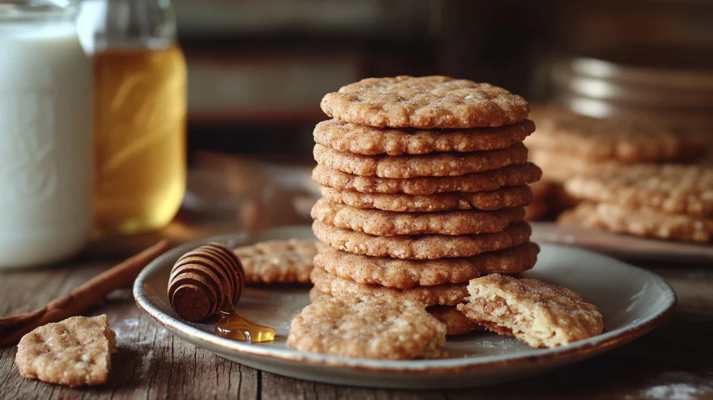 A plate of freshly baked cinnamon graham crackers served with honey and a glass of milk, highlighting their crisp, golden texture.