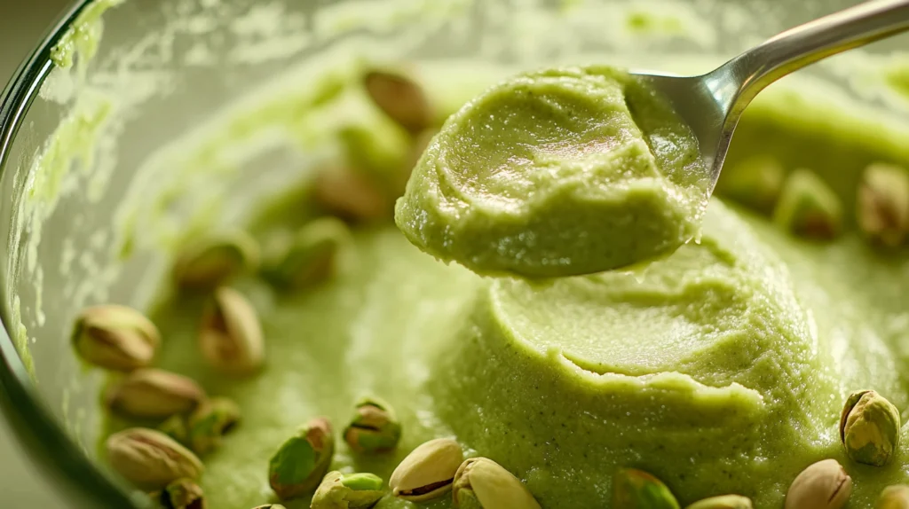 Smooth and creamy pistachio paste being scooped from a food processor, surrounded by whole pistachios