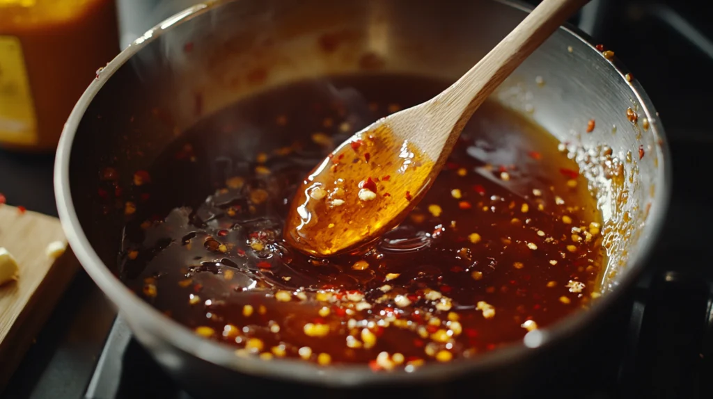 A saucepan of hot honey sauce, rich with red pepper flakes and melted butter, being stirred to perfection.