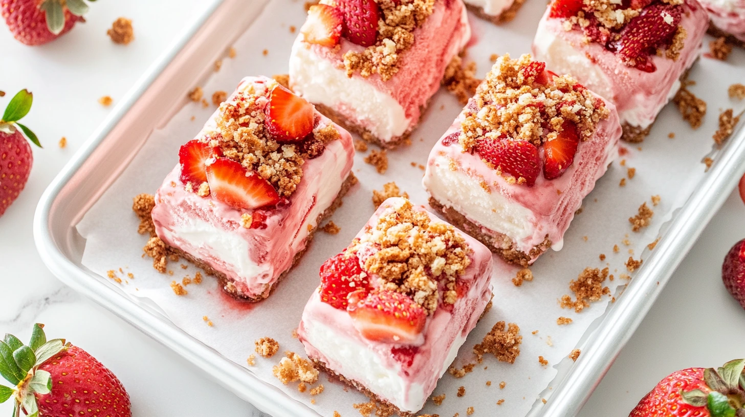 A tray of homemade strawberry shortcake ice cream bars with a crunchy strawberry crumb coating and a creamy center.