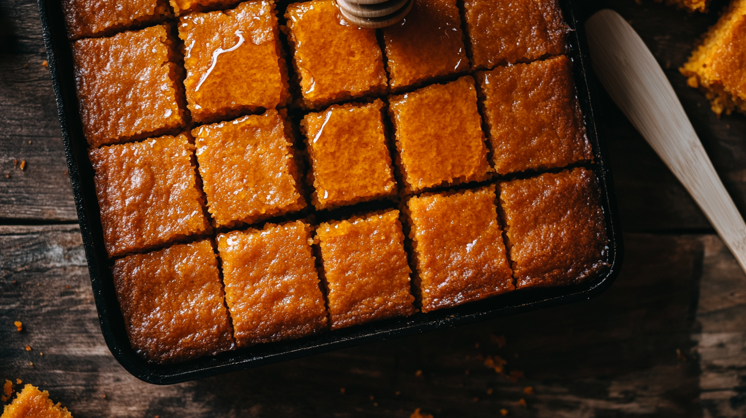 Freshly baked sweet potato cornbread in a cast-iron skillet, sliced and drizzled with honey.