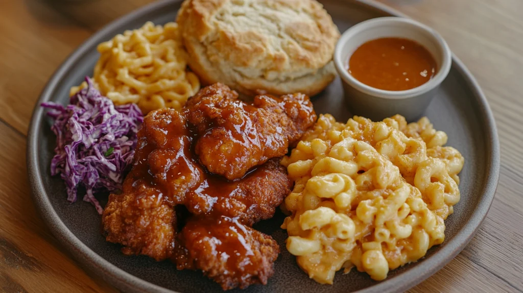 A plated meal of hot honey chicken with mac and cheese, coleslaw, and a buttermilk biscuit, drizzled with spicy honey.