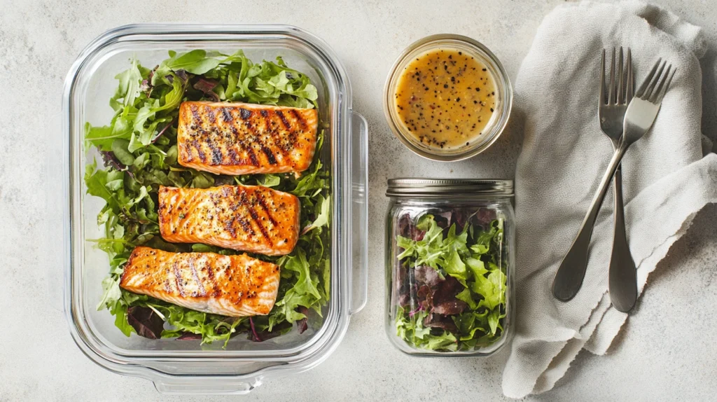 Meal-prepped grilled salmon salad stored in glass containers with fresh greens, flaked salmon, and homemade dressing.